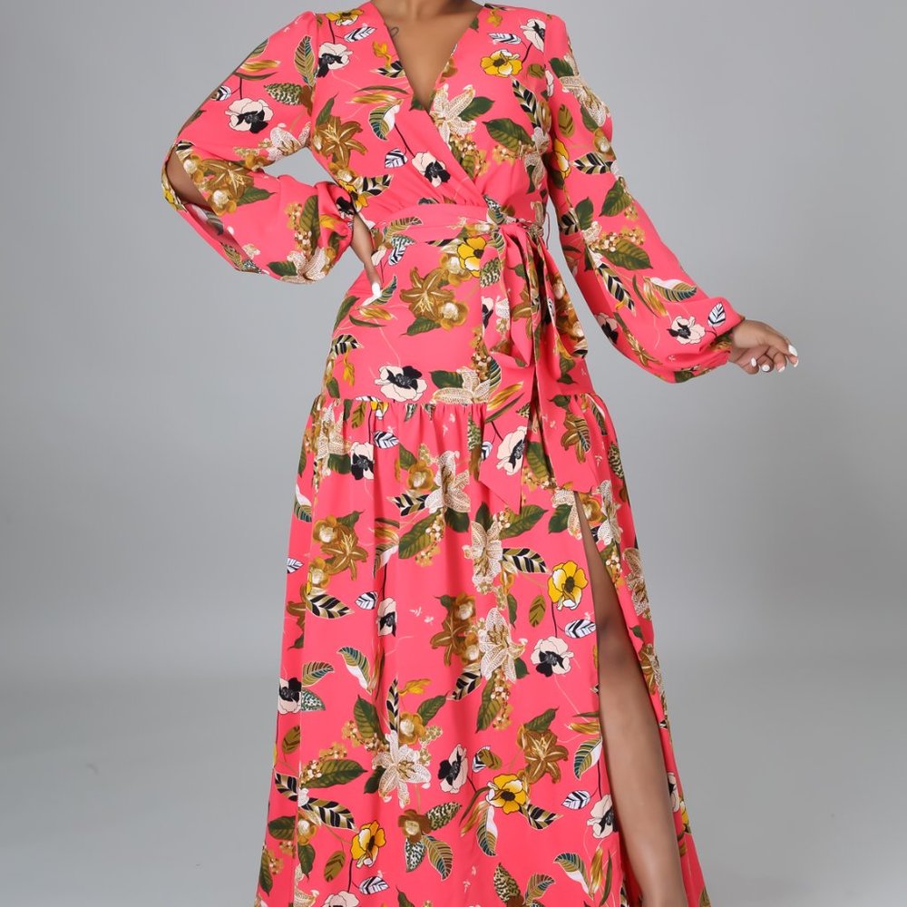 Pink Tropical Print Maxi Dress
